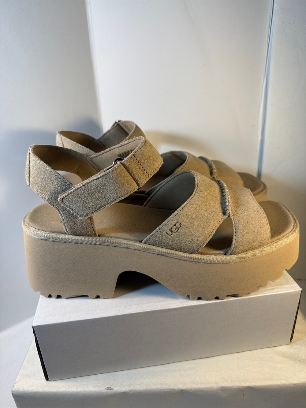 UGG Women's Tan Suede Platform Sandals with Ankle Strap